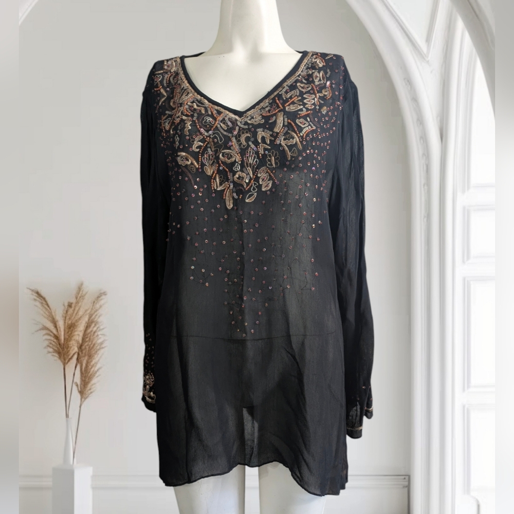 Chico's Sheer Beaded Embroidered Embellish Tunic Top Cover Up Shirt Sequin Sz 2